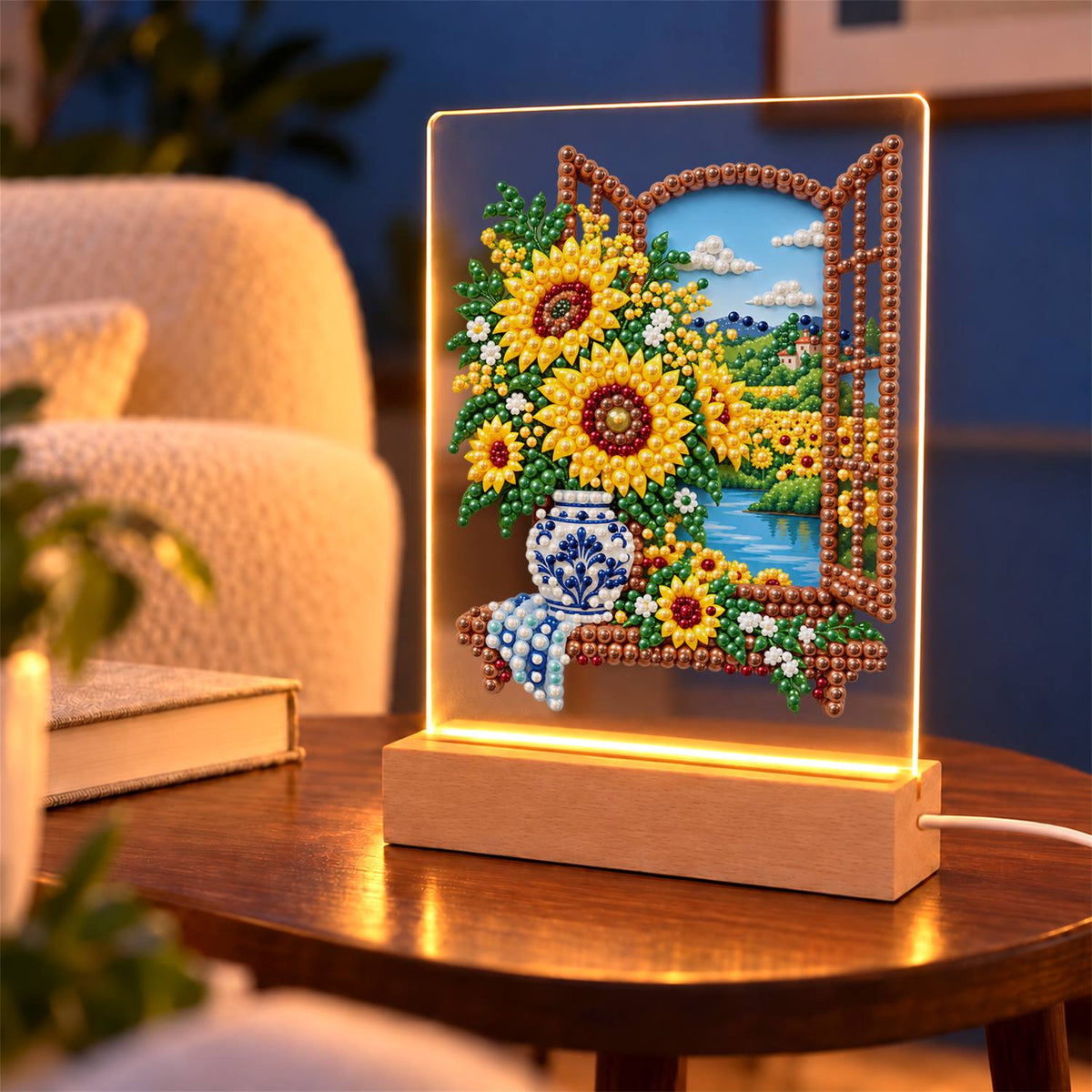 Sunflowers at a Lakeside Window (Light-Up Pearl Painting)