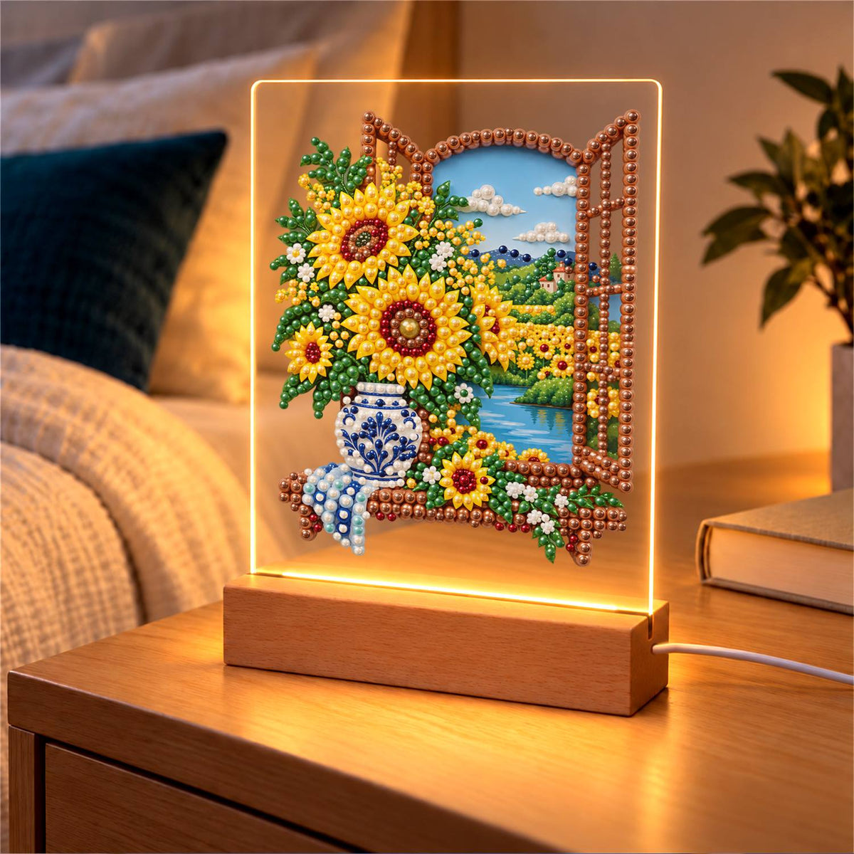 Sunflowers at a Lakeside Window (Light-Up Pearl Painting)