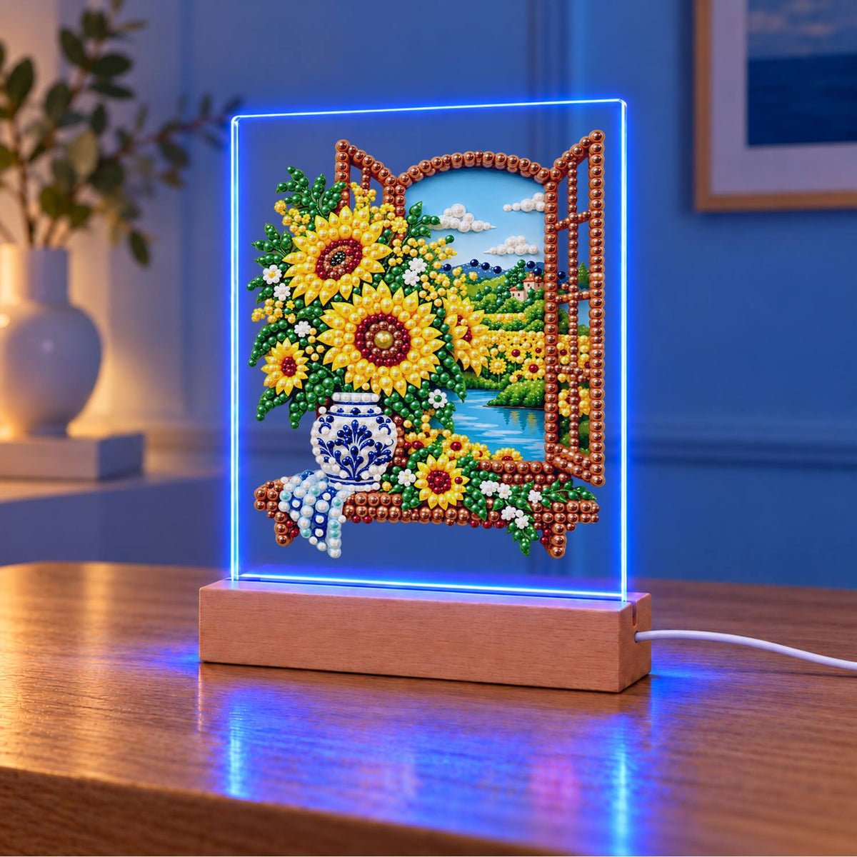 Sunflowers at a Lakeside Window (Light-Up Pearl Painting)