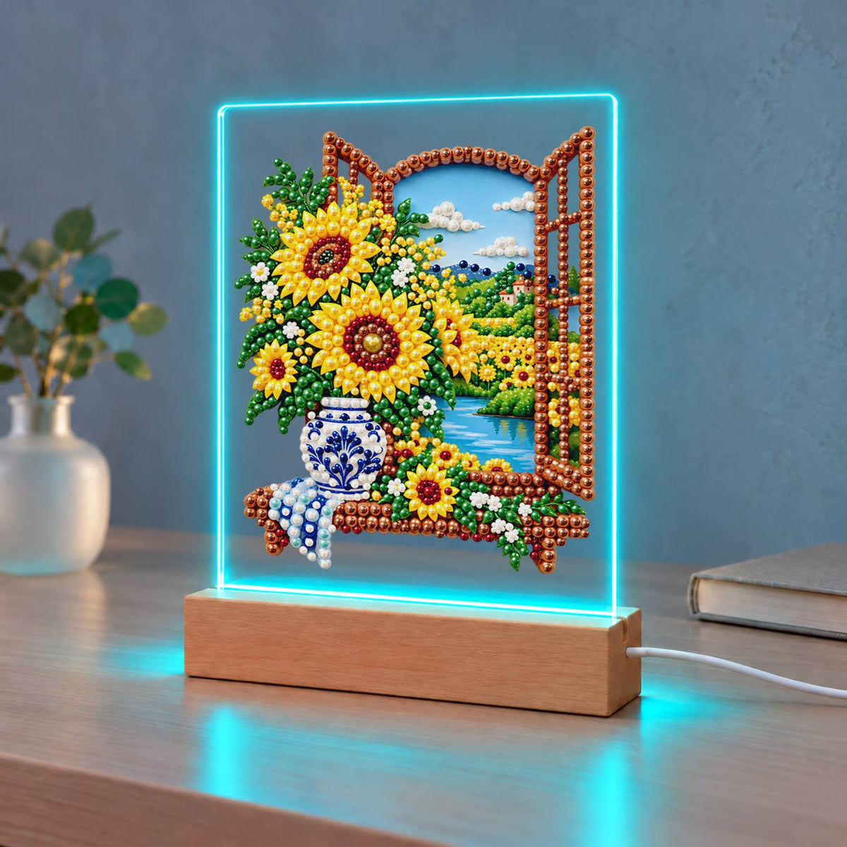Sunflowers at a Lakeside Window (Light-Up Pearl Painting)