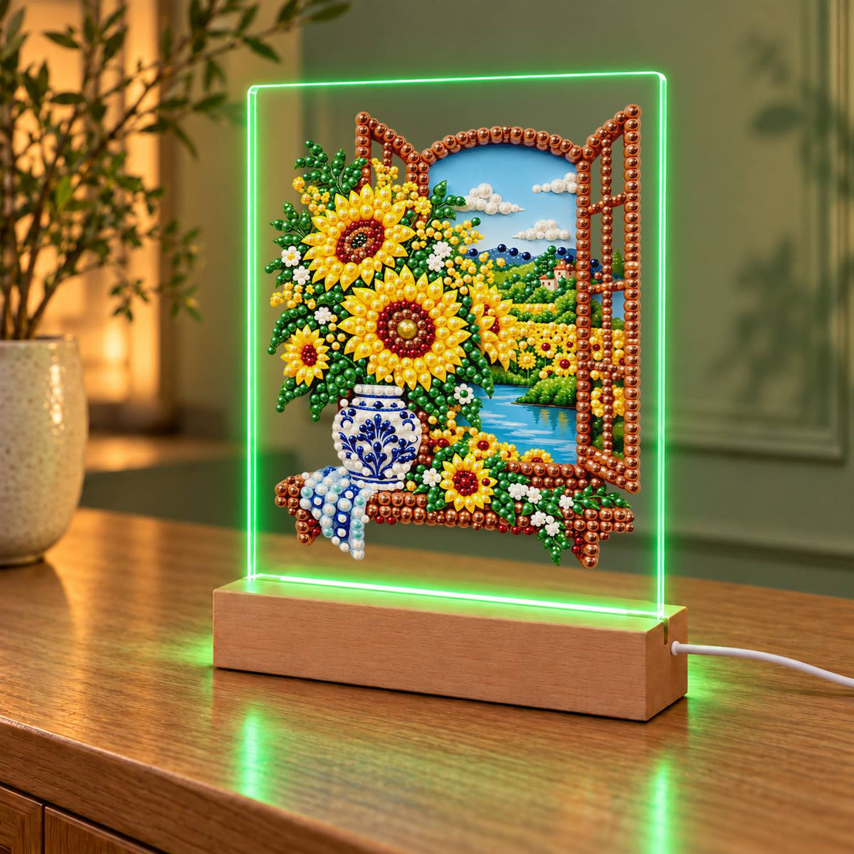 Sunflowers at a Lakeside Window (Light-Up Pearl Painting)