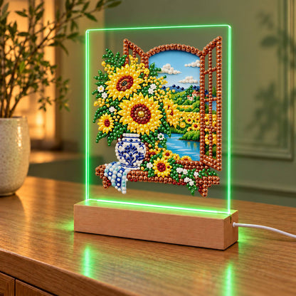 Sunflowers at a Lakeside Window (Light-Up Pearl Painting)