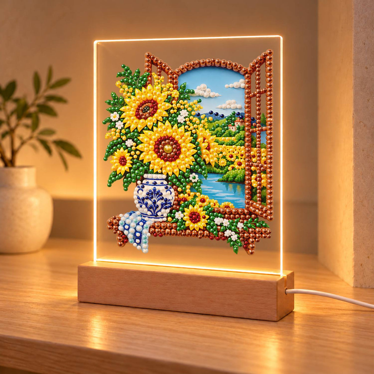 Sunflowers at a Lakeside Window (Light-Up Pearl Painting)
