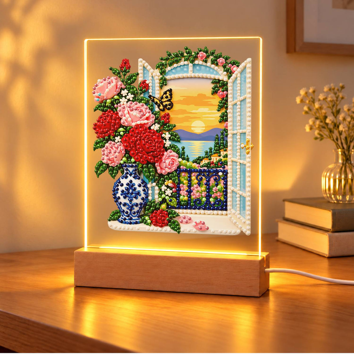 Roses by a Seaside Balcony (Light-Up Pearl Painting)