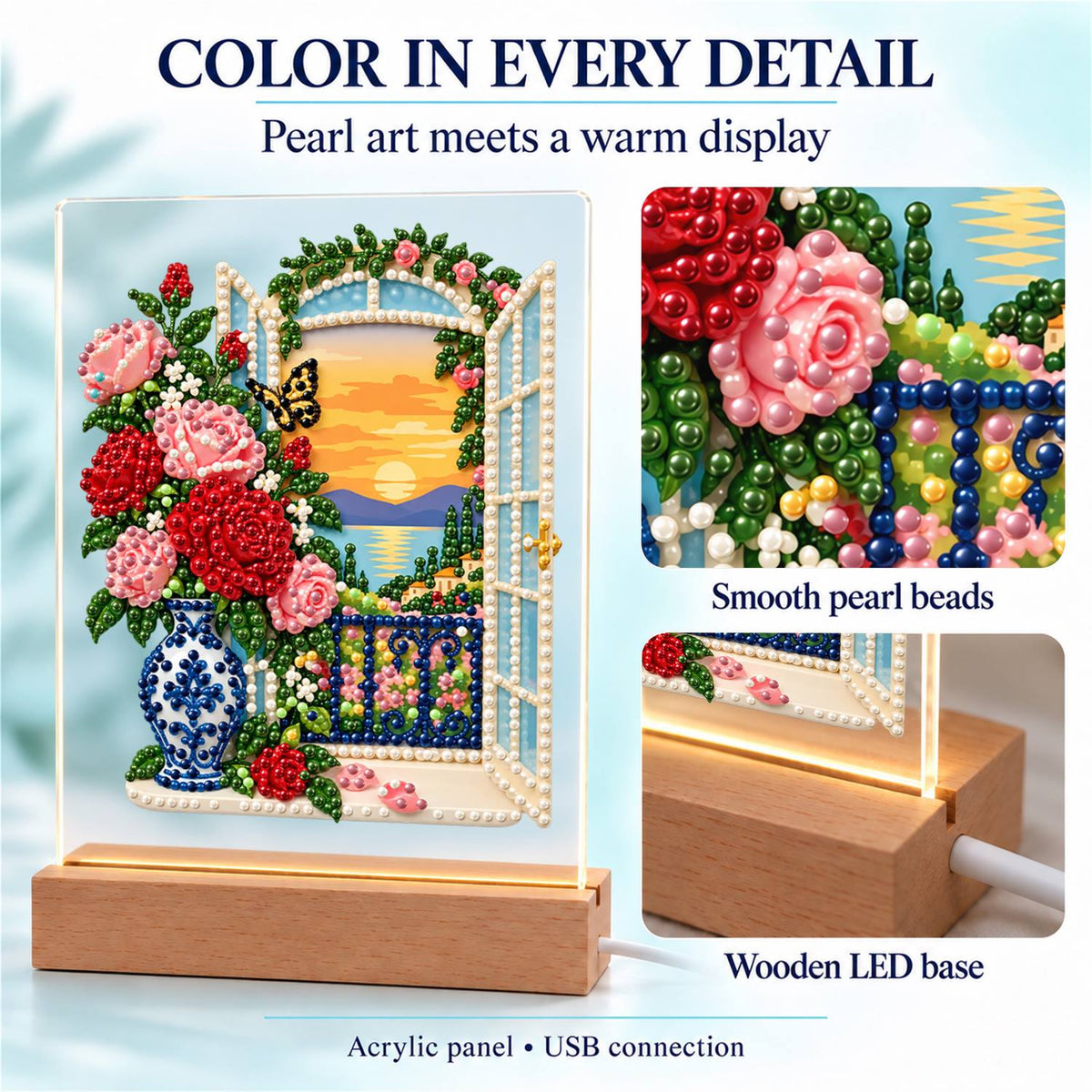 Roses by a Seaside Balcony (Light-Up Pearl Painting)