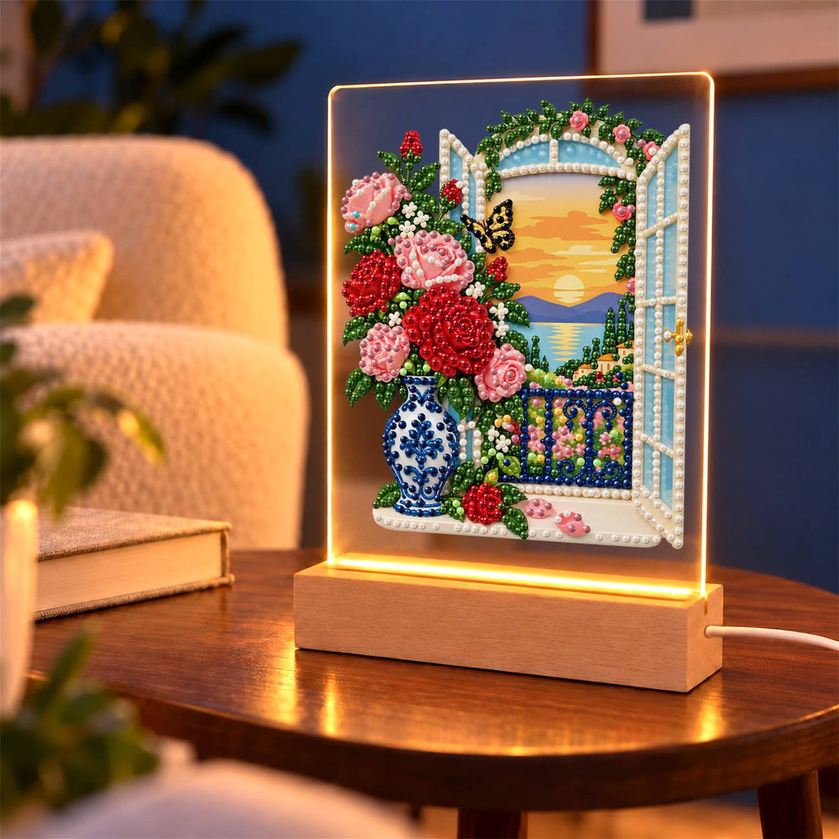 Roses by a Seaside Balcony (Light-Up Pearl Painting)