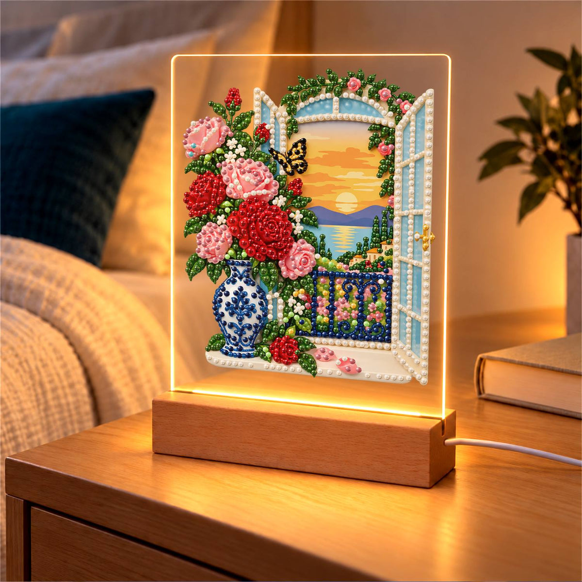 Roses by a Seaside Balcony (Light-Up Pearl Painting)