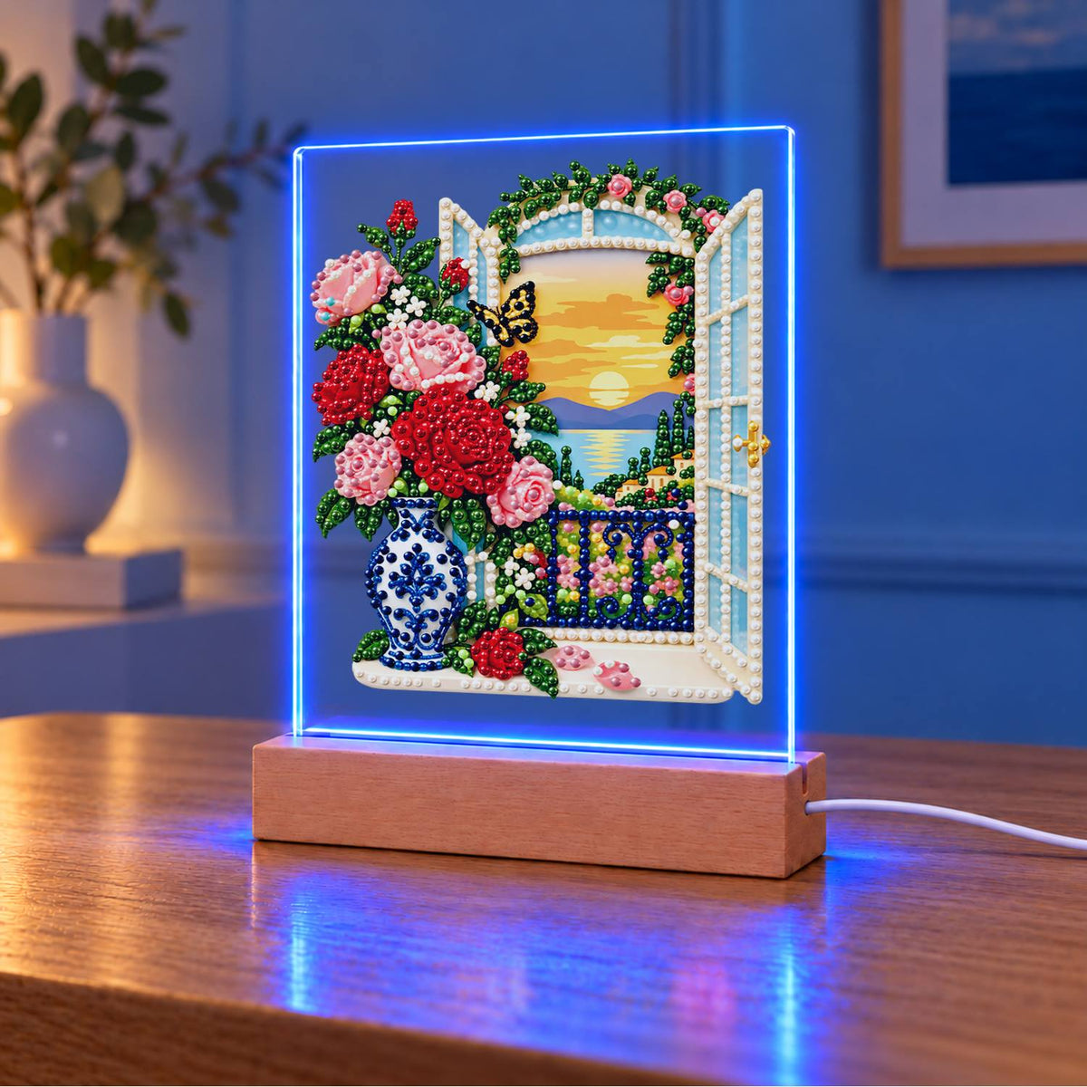 Roses by a Seaside Balcony (Light-Up Pearl Painting)