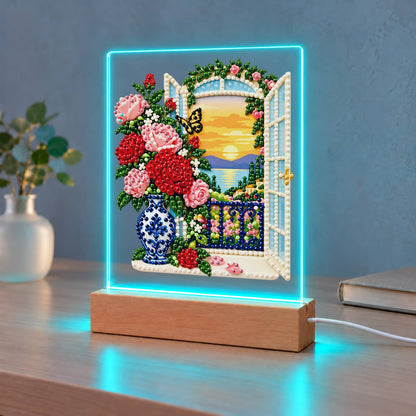 Roses by a Seaside Balcony (Light-Up Pearl Painting)