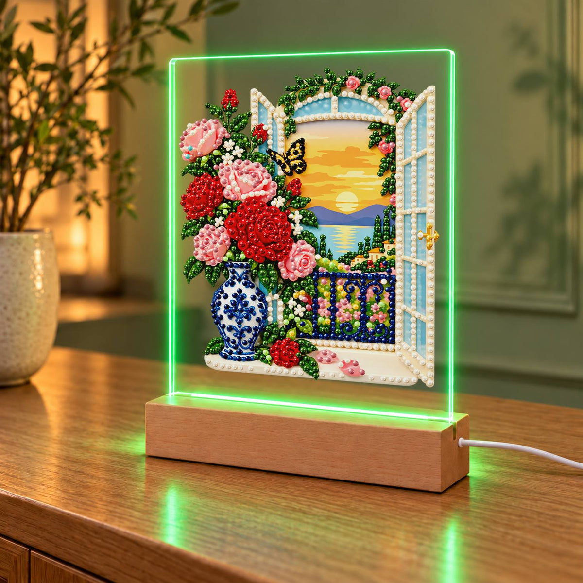 Roses by a Seaside Balcony (Light-Up Pearl Painting)