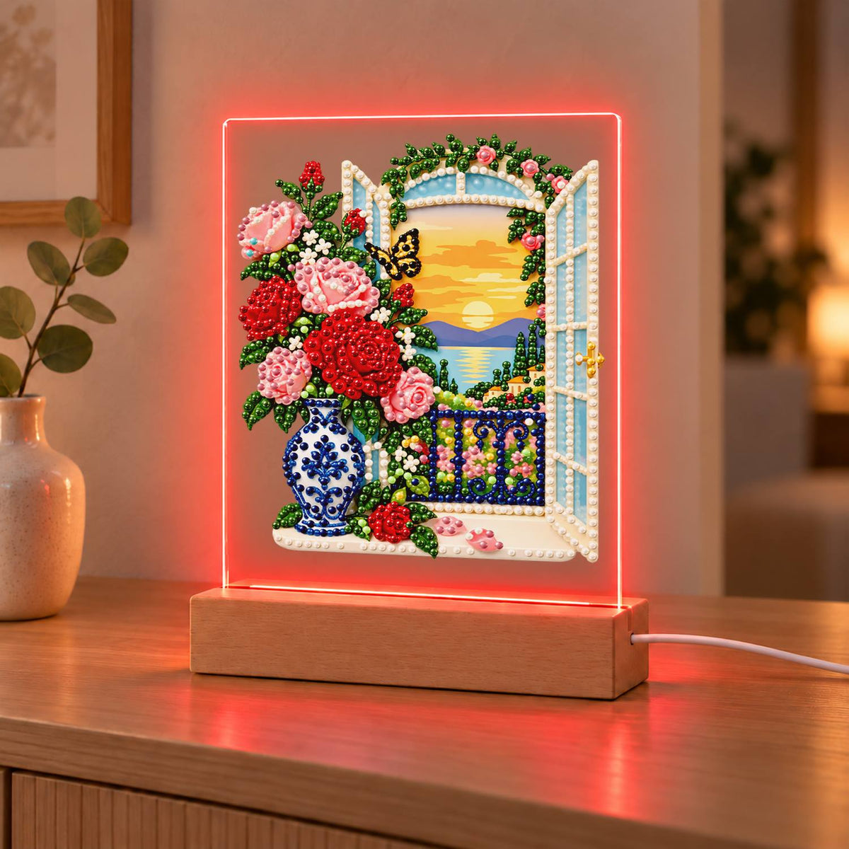Roses by a Seaside Balcony (Light-Up Pearl Painting)
