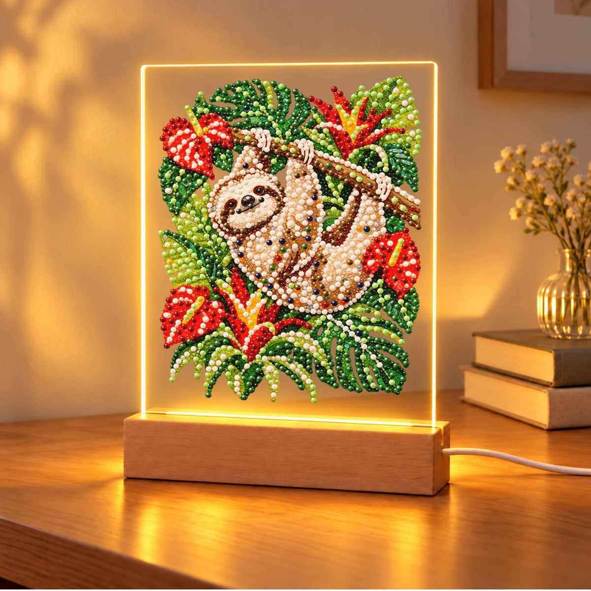 Sloth Hanging Among Anthuriums (Light-Up Pearl Painting)