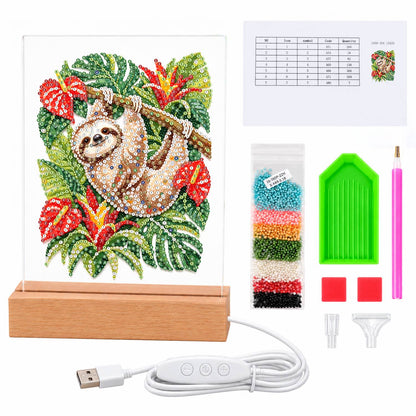 Sloth Hanging Among Anthuriums (Light-Up Pearl Painting)