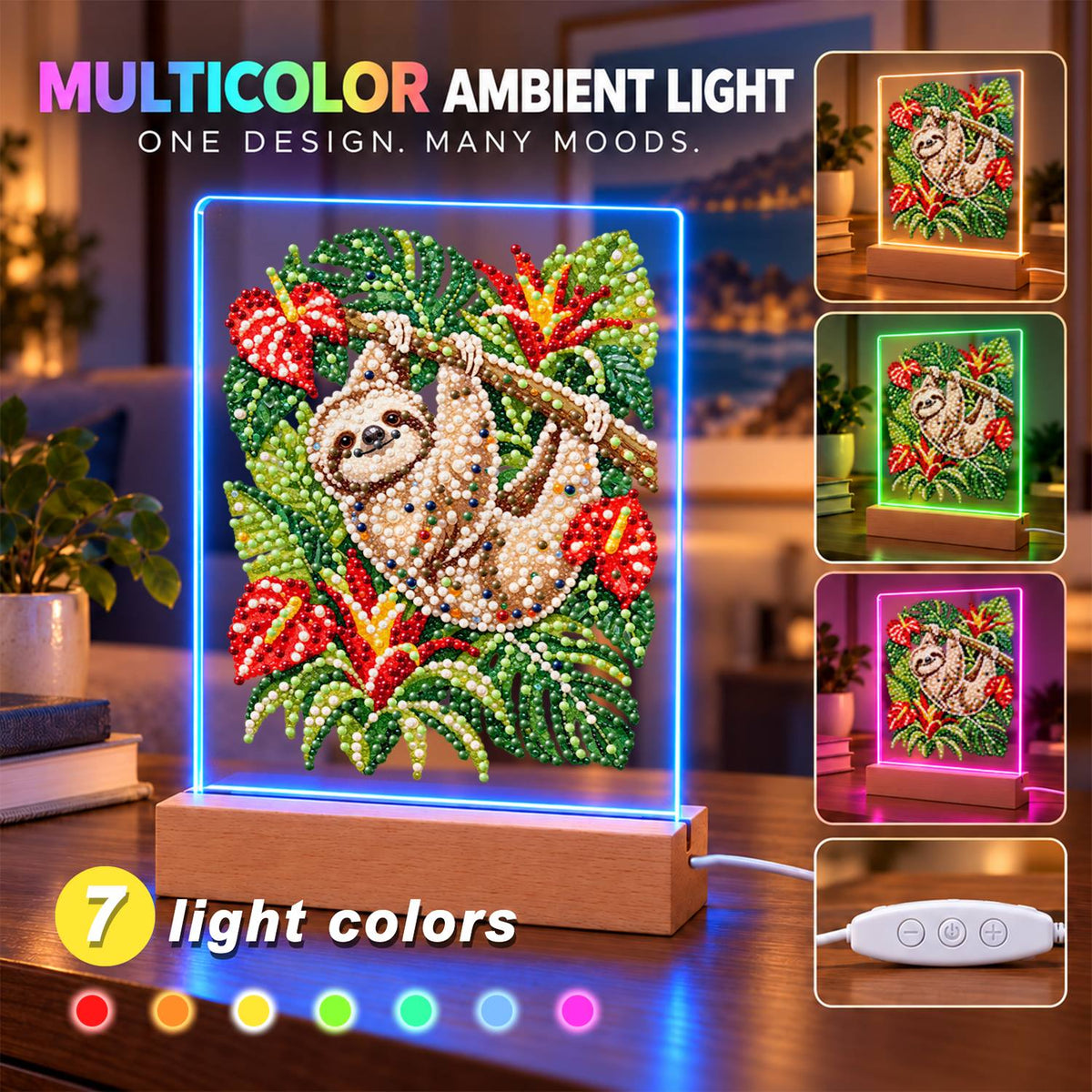 Sloth Hanging Among Anthuriums (Light-Up Pearl Painting)