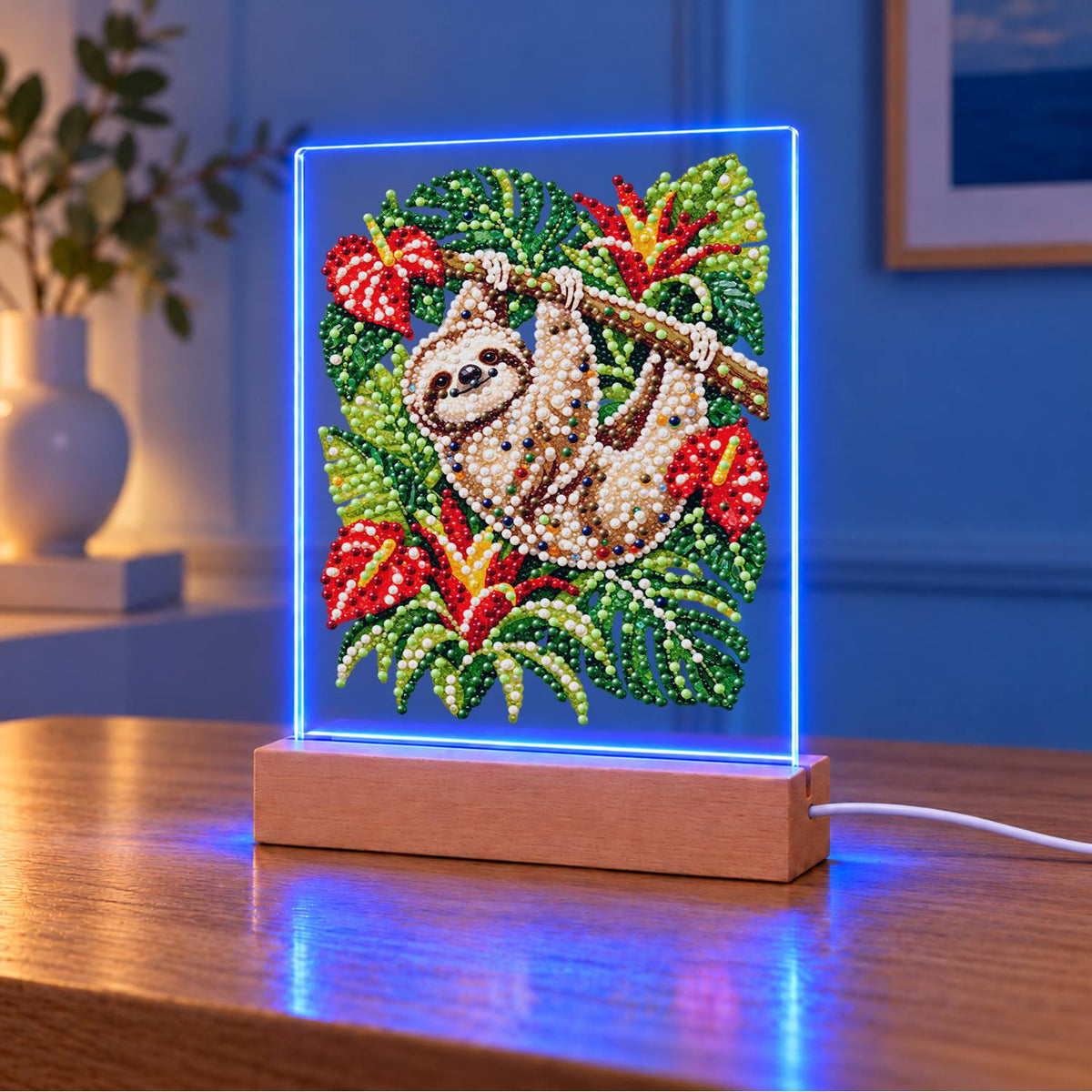 Sloth Hanging Among Anthuriums (Light-Up Pearl Painting)