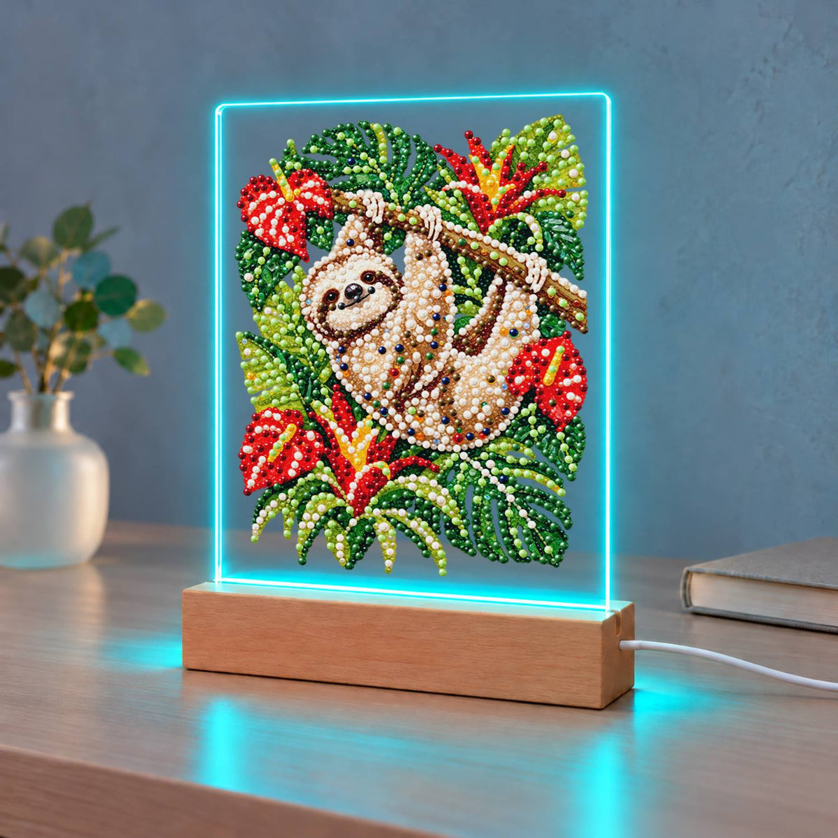 Sloth Hanging Among Anthuriums (Light-Up Pearl Painting)