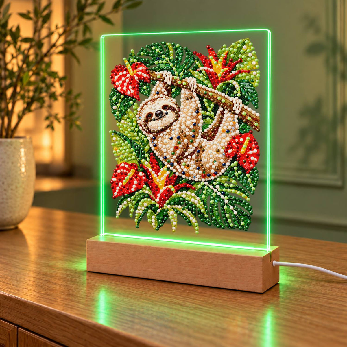 Sloth Hanging Among Anthuriums (Light-Up Pearl Painting)