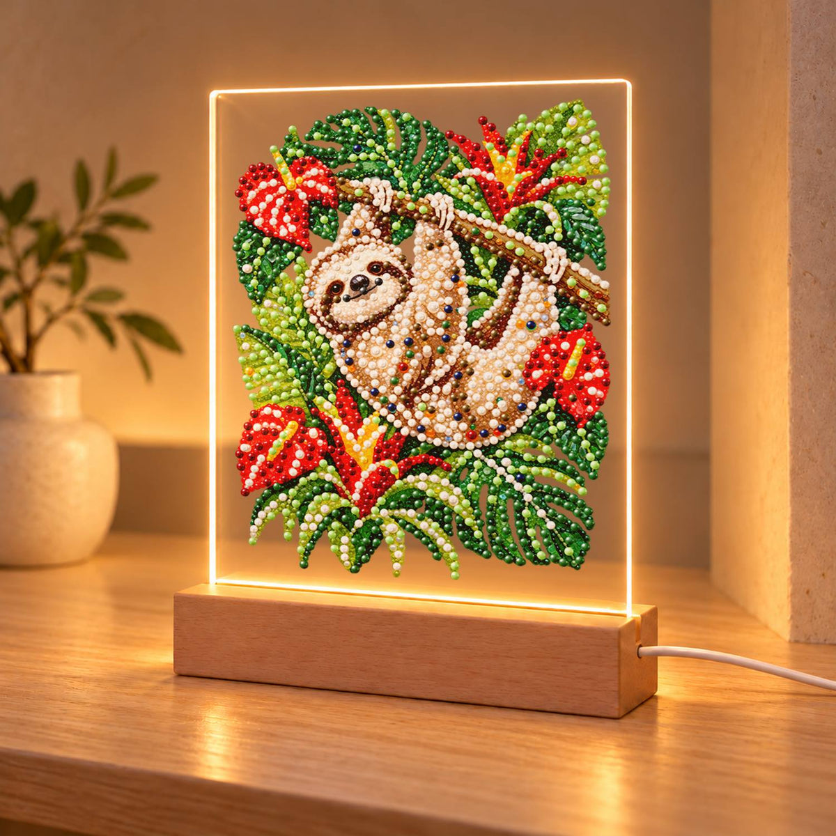 Sloth Hanging Among Anthuriums (Light-Up Pearl Painting)