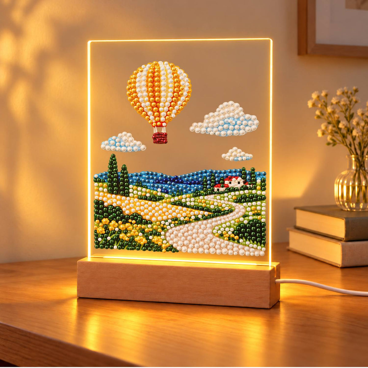 Striped Balloon Over Rolling Hills (Light-Up Pearl Painting)