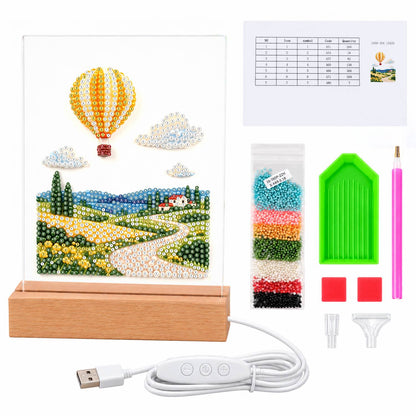 Striped Balloon Over Rolling Hills (Light-Up Pearl Painting)