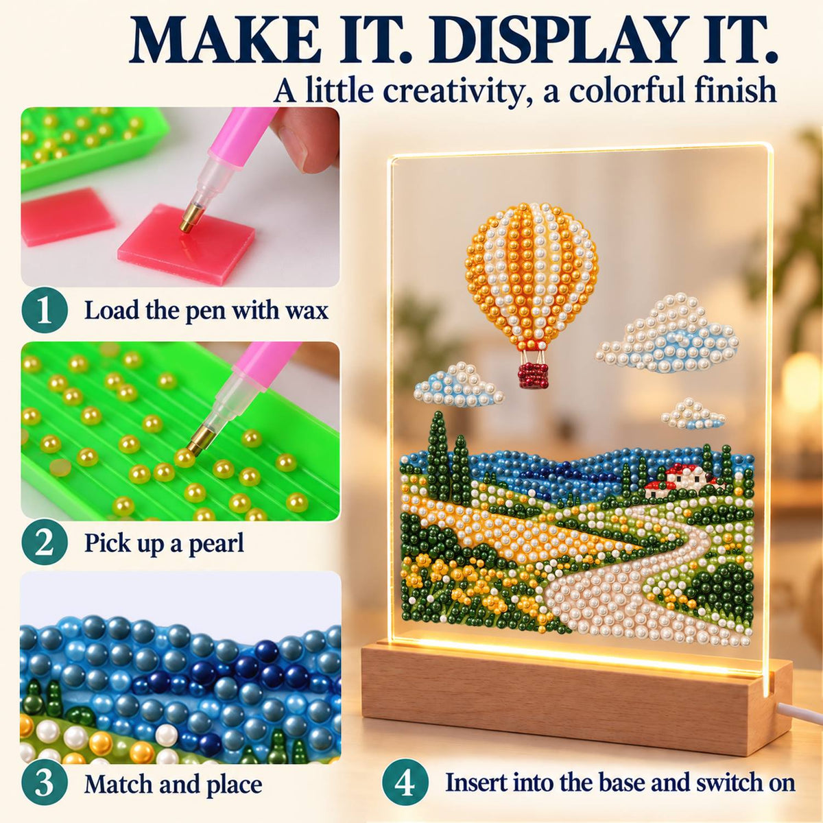 Striped Balloon Over Rolling Hills (Light-Up Pearl Painting)