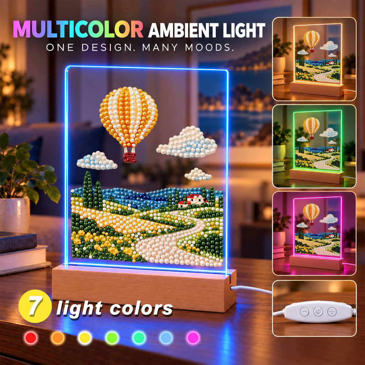 Striped Balloon Over Rolling Hills (Light-Up Pearl Painting)
