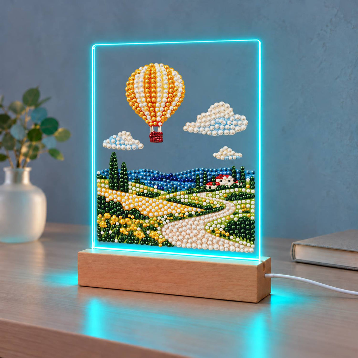 Striped Balloon Over Rolling Hills (Light-Up Pearl Painting)