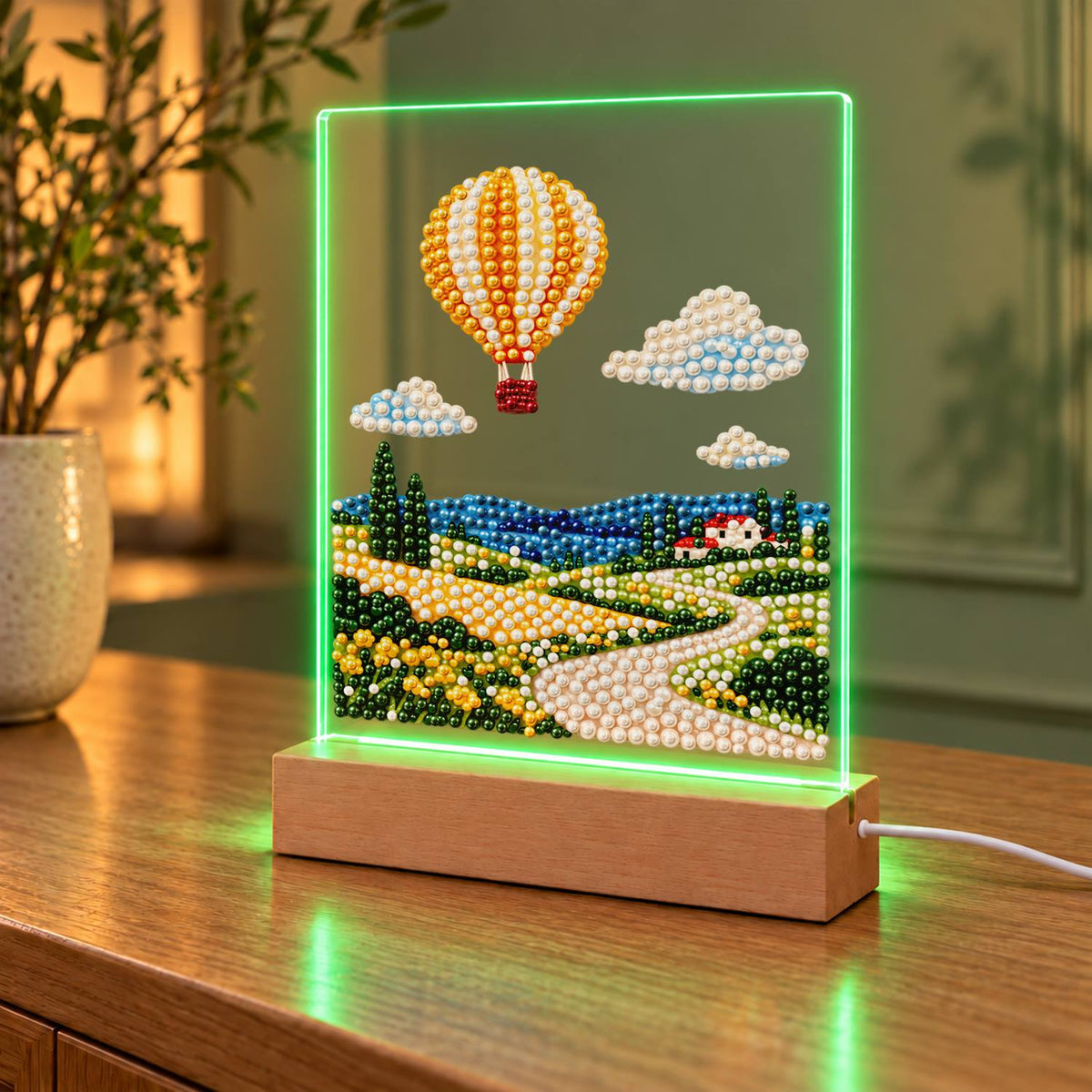 Striped Balloon Over Rolling Hills (Light-Up Pearl Painting)