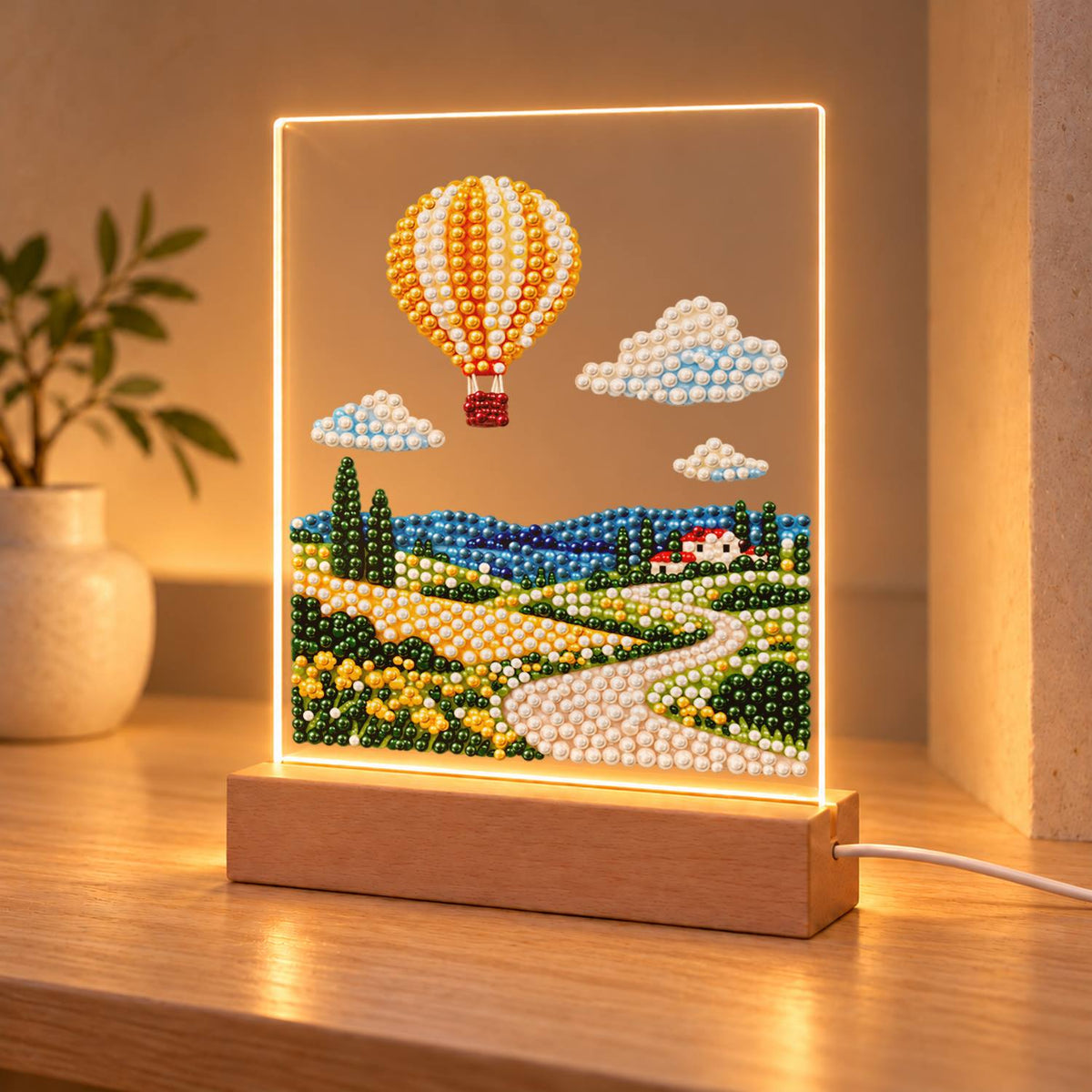 Striped Balloon Over Rolling Hills (Light-Up Pearl Painting)