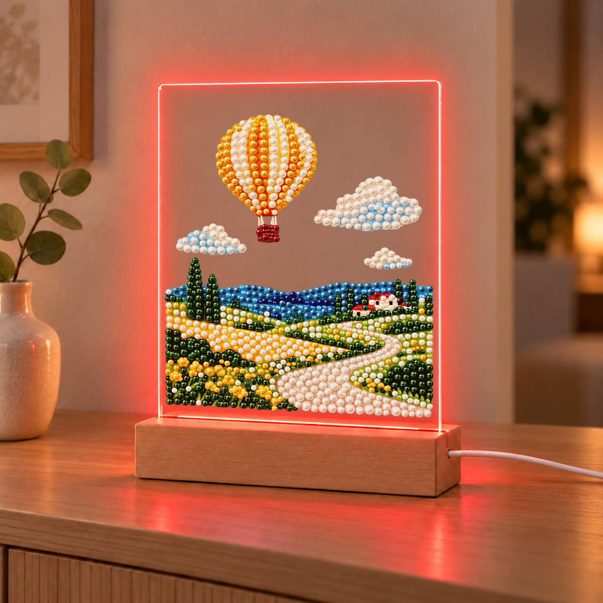 Striped Balloon Over Rolling Hills (Light-Up Pearl Painting)