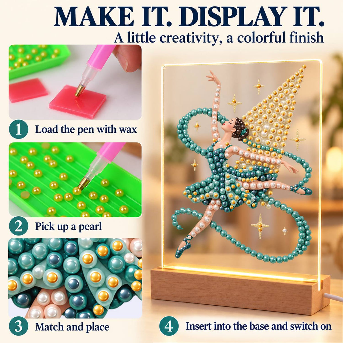 Ballerina in a Teal Ribbon Swirl (Light-Up Pearl Painting)