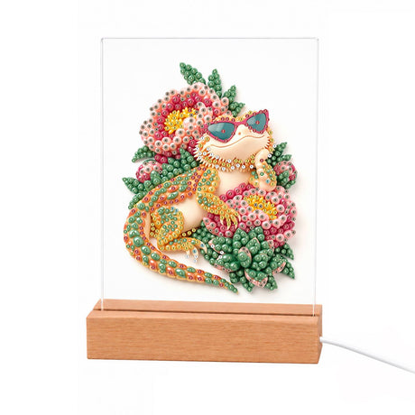 Sunglasses Gecko in Pink Blooms light-up pearl painting – Gecko in pink sunglasses with a curling spotted tail among pink peonies and green succulents