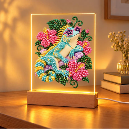 Turquoise Lizard in Pink Hibiscus (Light-Up Pearl Painting)