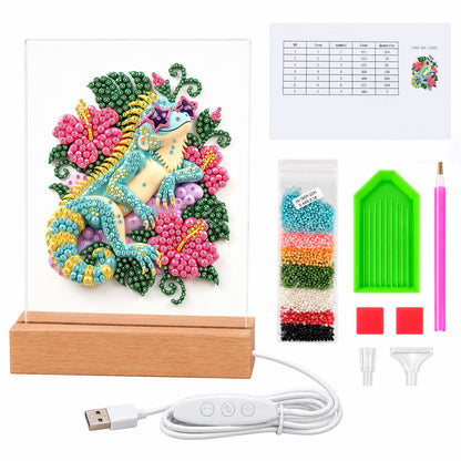 Turquoise Lizard in Pink Hibiscus (Light-Up Pearl Painting)