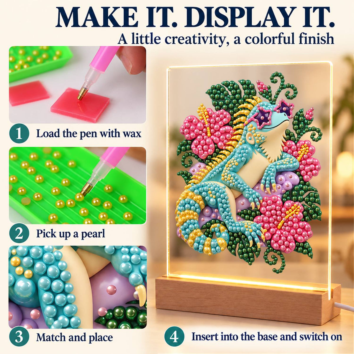 Turquoise Lizard in Pink Hibiscus (Light-Up Pearl Painting)