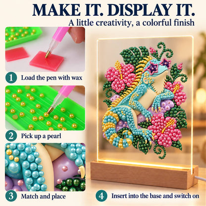 Turquoise Lizard in Pink Hibiscus (Light-Up Pearl Painting)