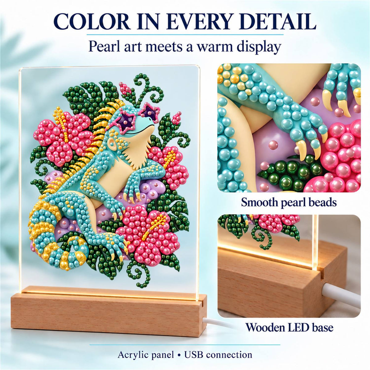 Turquoise Lizard in Pink Hibiscus (Light-Up Pearl Painting)