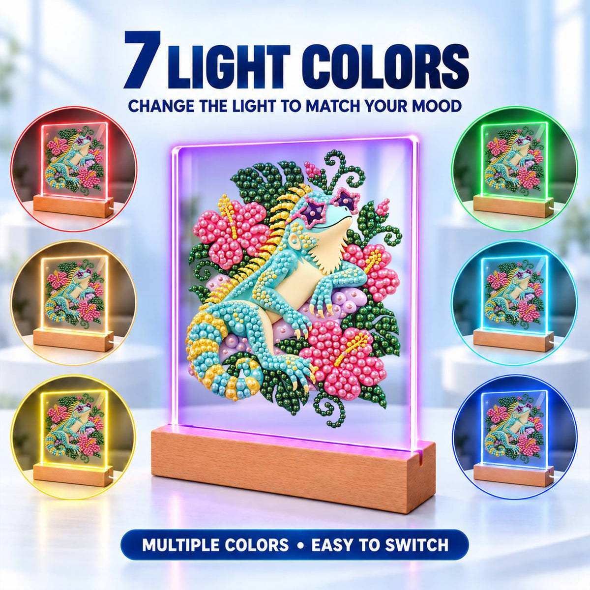 Turquoise Lizard in Pink Hibiscus (Light-Up Pearl Painting)