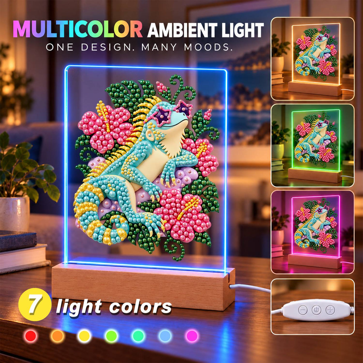 Turquoise Lizard in Pink Hibiscus (Light-Up Pearl Painting)