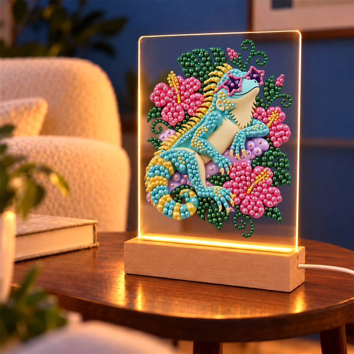 Turquoise Lizard in Pink Hibiscus (Light-Up Pearl Painting)