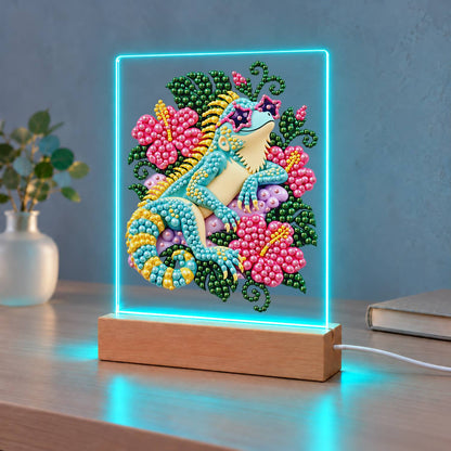 Turquoise Lizard in Pink Hibiscus (Light-Up Pearl Painting)
