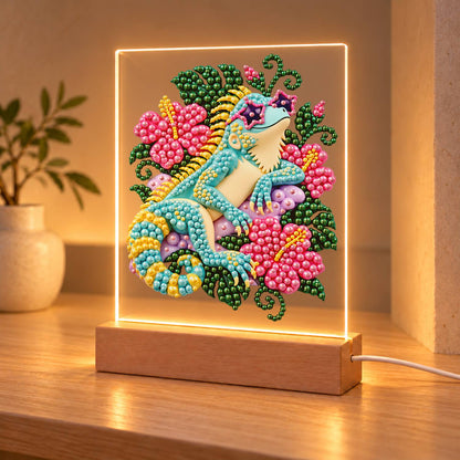 Turquoise Lizard in Pink Hibiscus (Light-Up Pearl Painting)