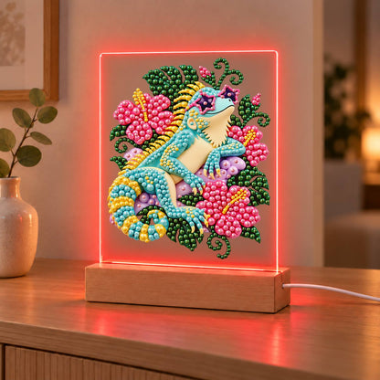 Turquoise Lizard in Pink Hibiscus (Light-Up Pearl Painting)