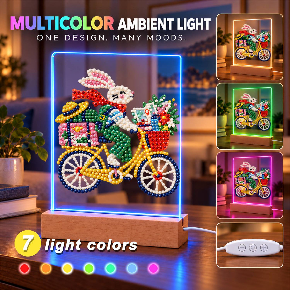 Bunny on a Yellow Bicycle (Light-Up Pearl Painting)