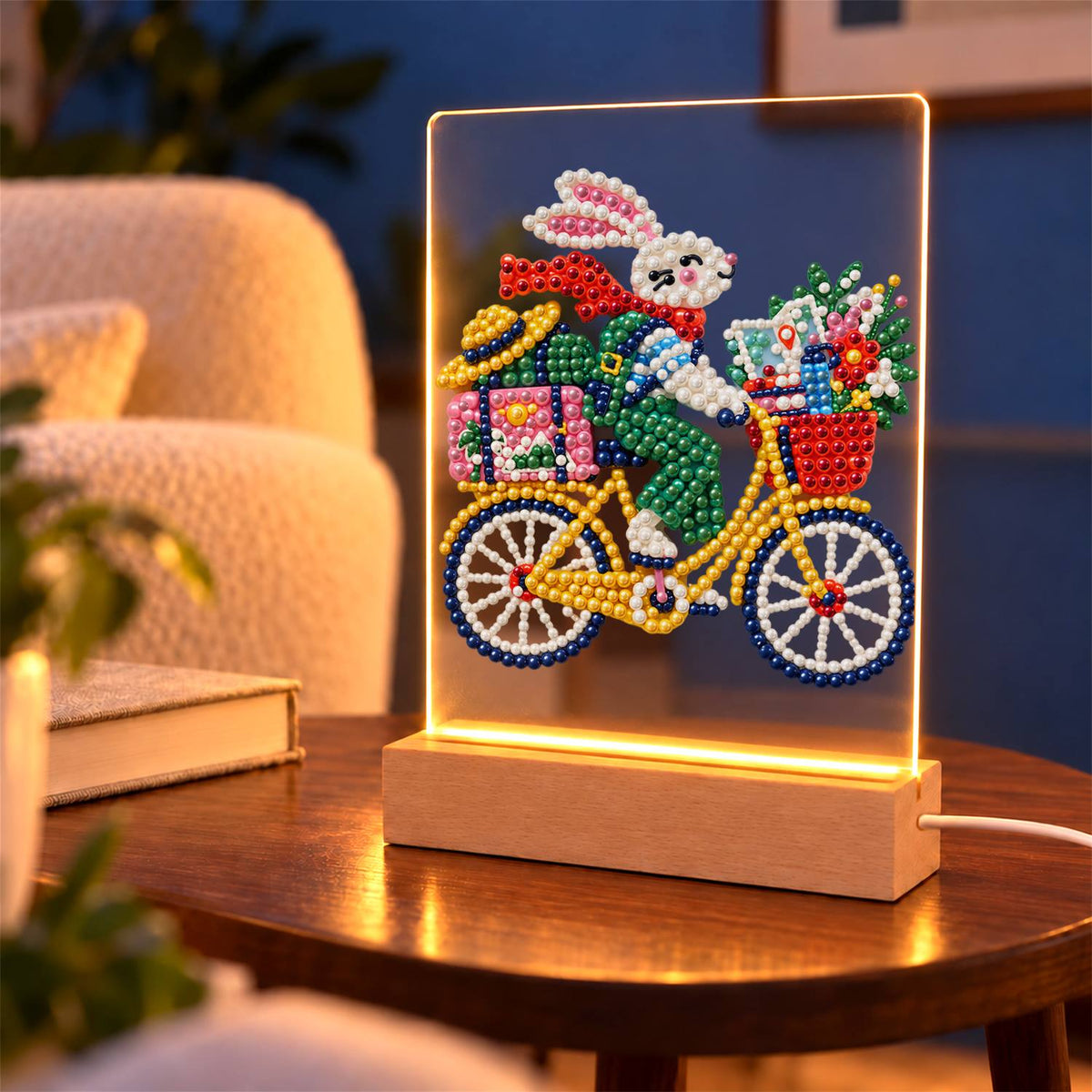 Bunny on a Yellow Bicycle (Light-Up Pearl Painting)