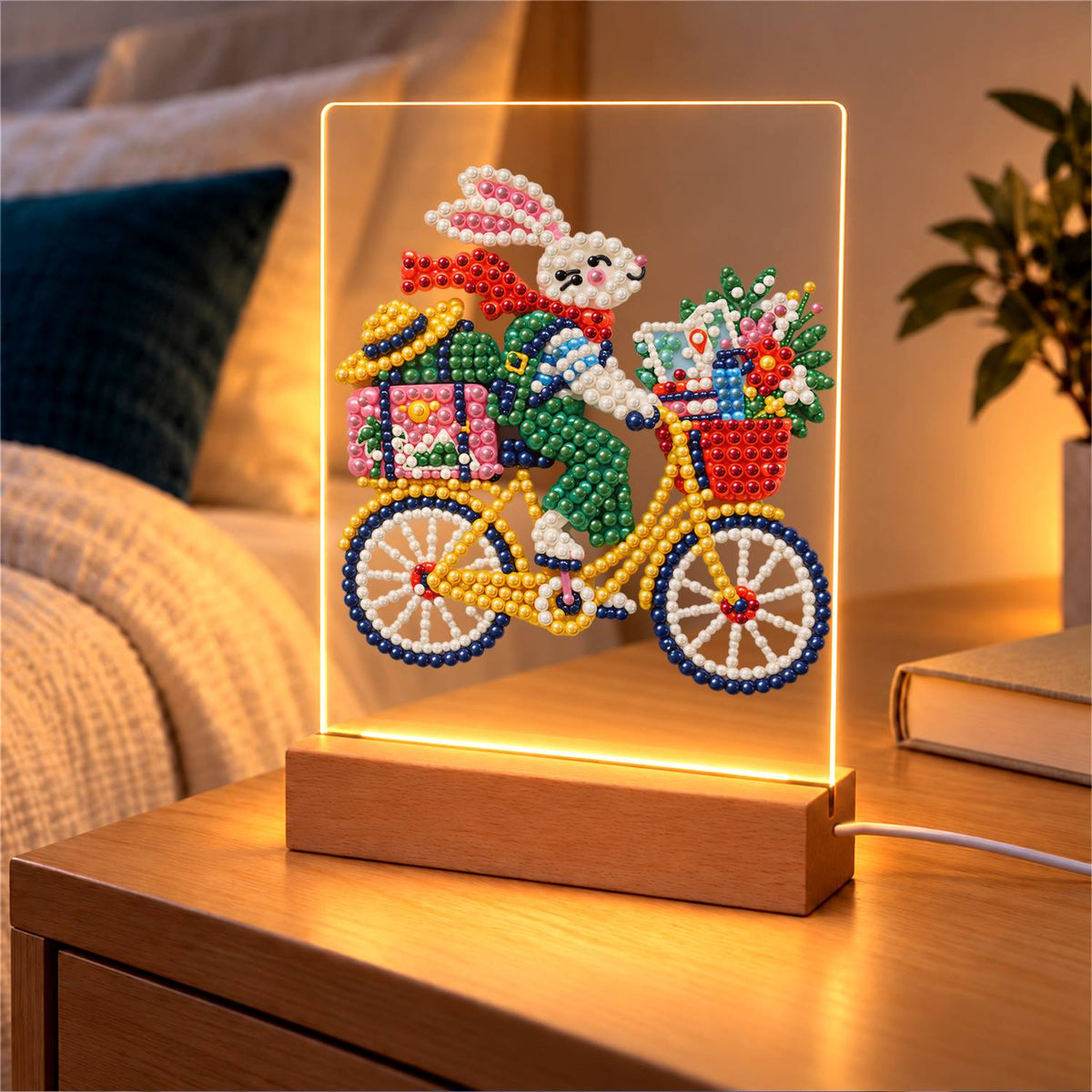 Bunny on a Yellow Bicycle (Light-Up Pearl Painting)