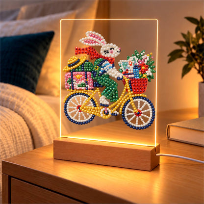 Bunny on a Yellow Bicycle (Light-Up Pearl Painting)