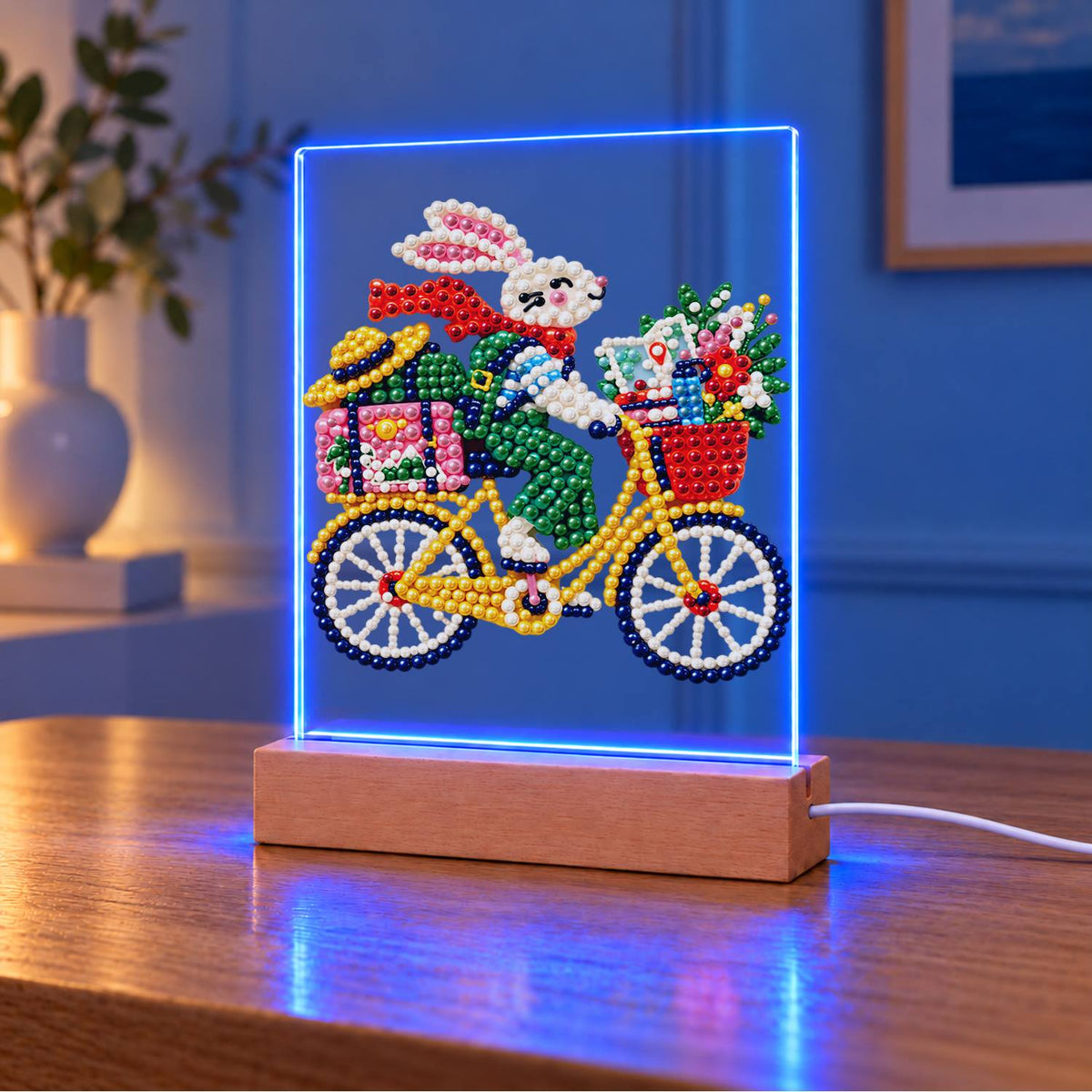 Bunny on a Yellow Bicycle (Light-Up Pearl Painting)