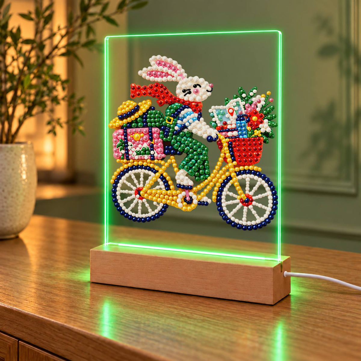Bunny on a Yellow Bicycle (Light-Up Pearl Painting)