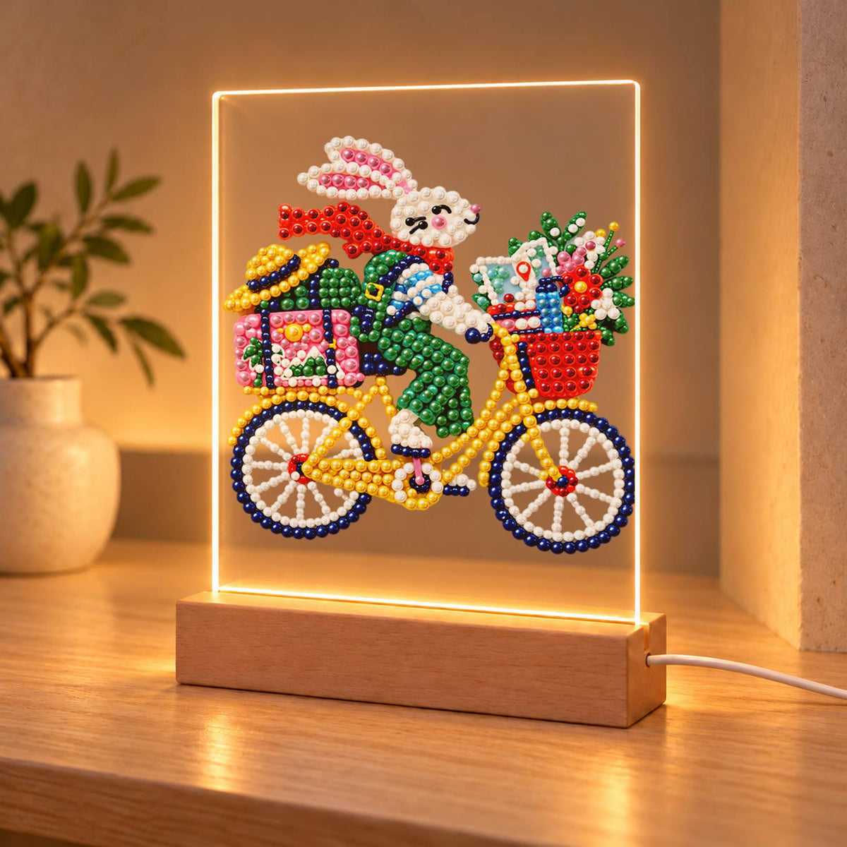 Bunny on a Yellow Bicycle (Light-Up Pearl Painting)
